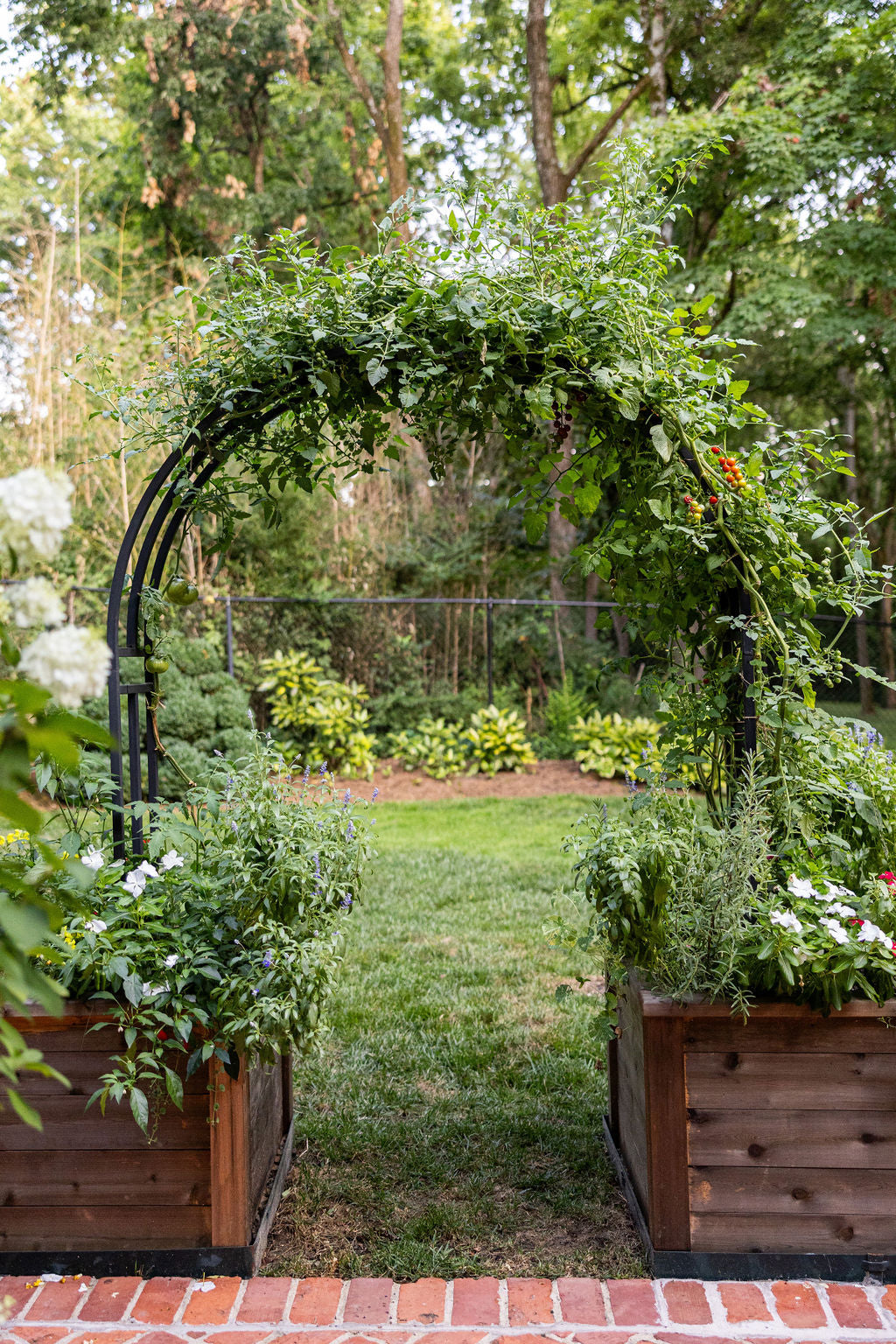 Arch trellis for homestead garden vertical food production framing a kitchen garden path