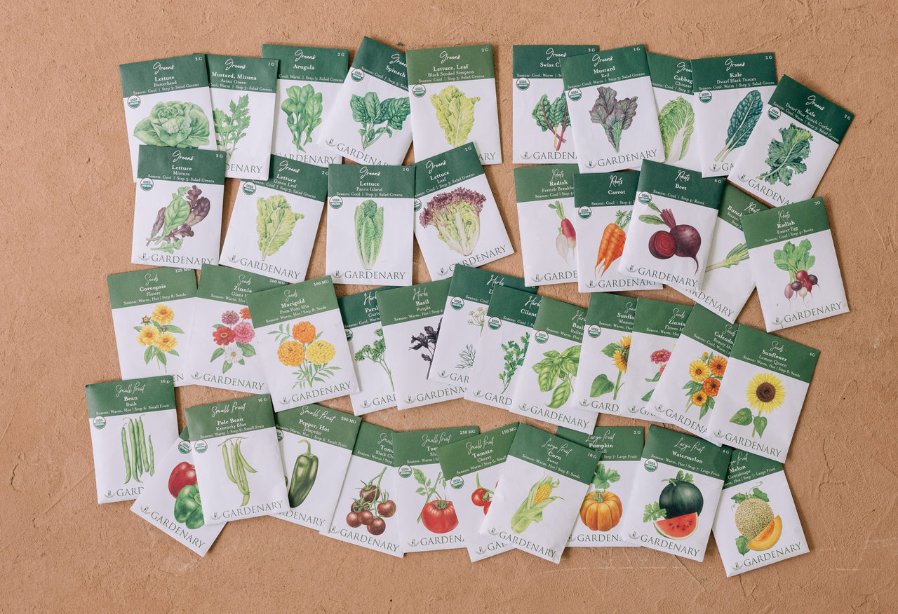 Collection of seed packets with illustrations on a brown background