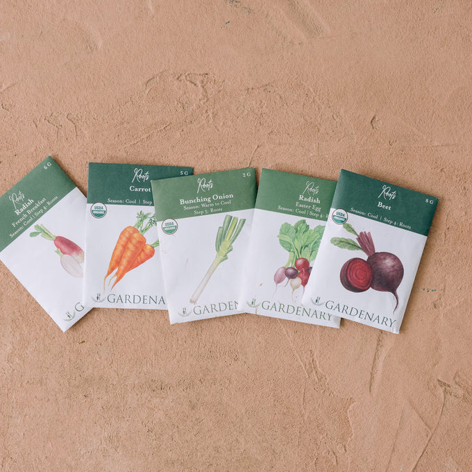 Set of Gardenary seed packets for root crops on a beige background
