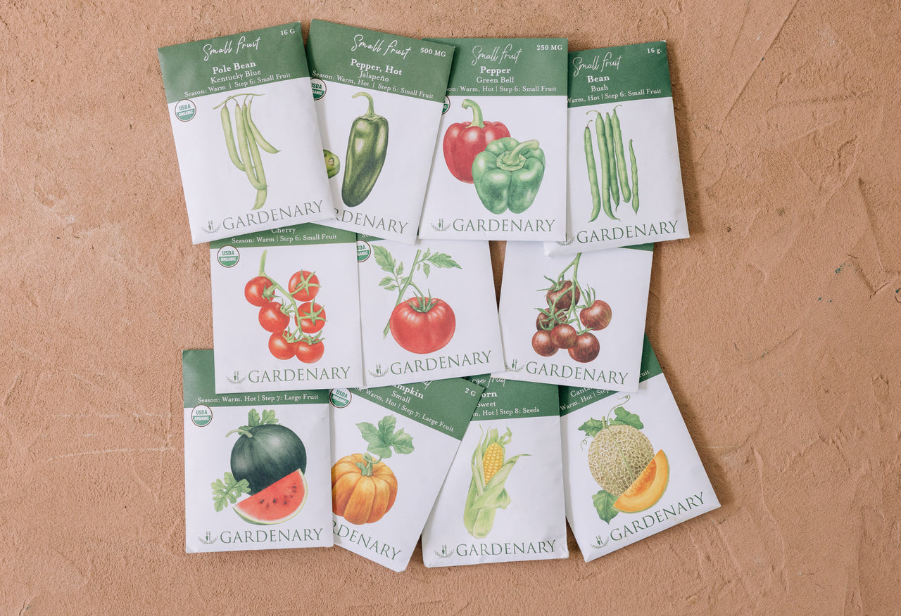 Gardenary seed packets for growing fruits on a textured brown surface