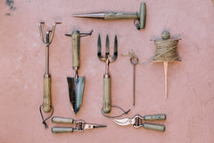 Set of gardening tools on a pink surface
