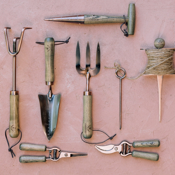 Set of gardening tools on a pink surface