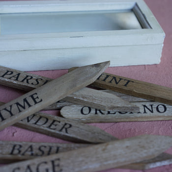 Herb Garden Plant Labels in a Wooden Box