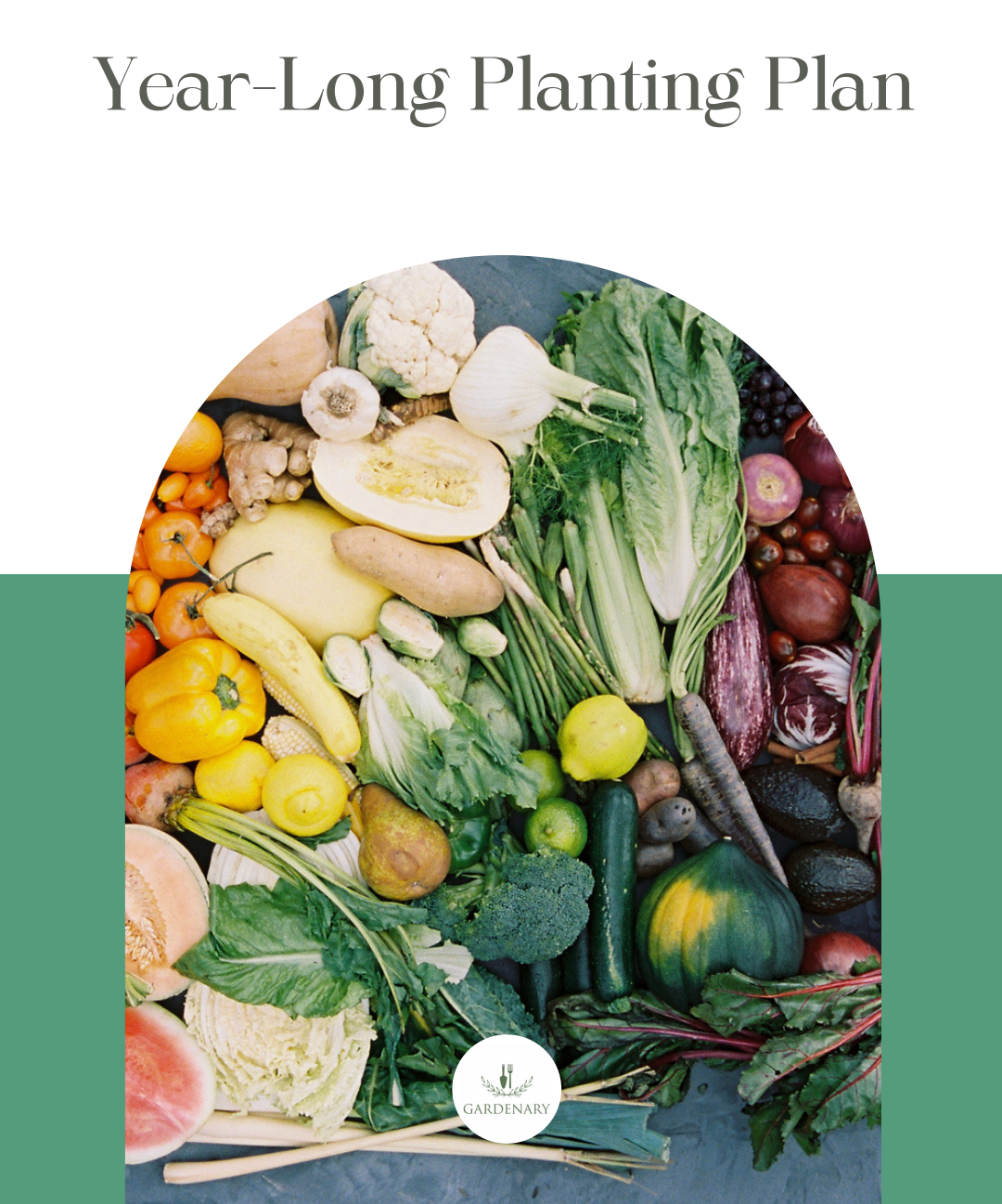 A gardening guide cover titled 'Year-Long Planting Plan' featuring a colorful assortment of fresh vegetables arranged in an arch on a dark surface. 
Great for home gardeners.